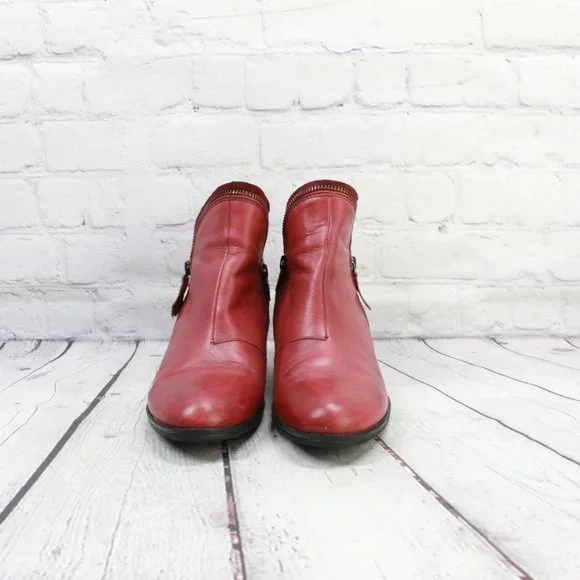 EARTH Red Leather Side Zip Heeled Ankle Booties Size 7.5 - Picture 5 of 9